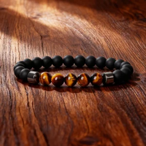 Hematite Stone Bracelet with Gold Spacers and Leather Cord - Image 37
