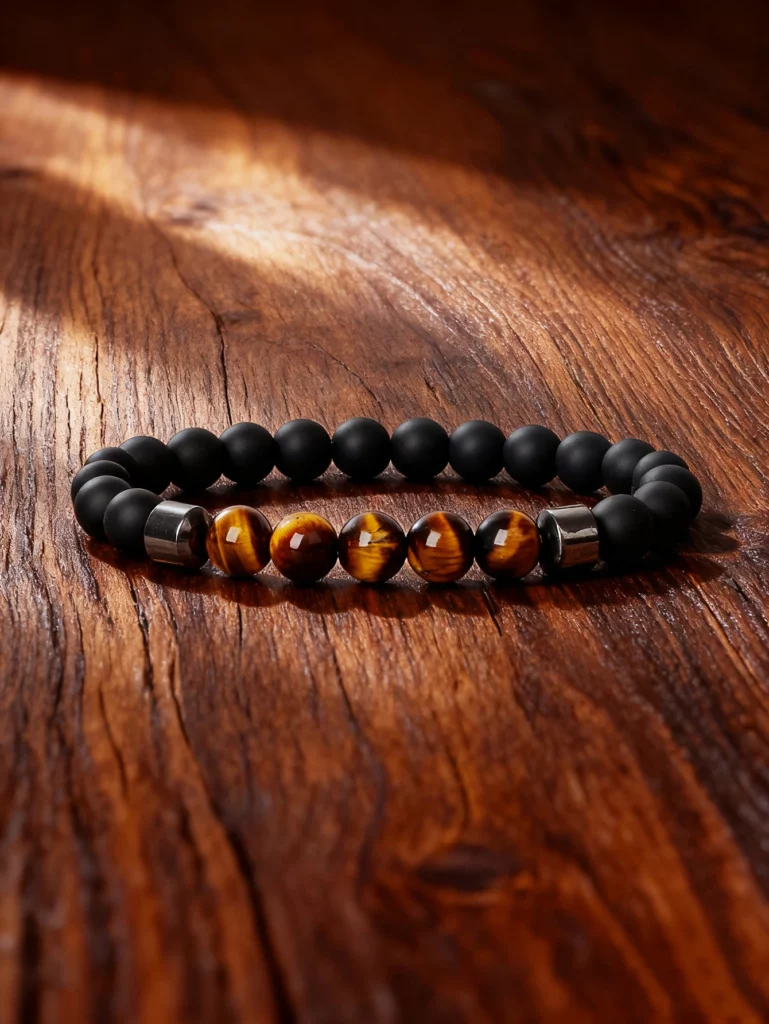 Hematite Stone Bracelet with Gold Spacers and Leather Cord