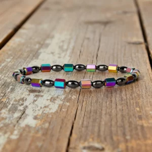 Hematite Stone Bracelet with Gold Spacers and Leather Cord - Image 25