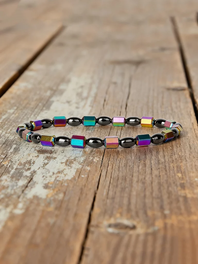 Hematite Stone Bracelet with Gold Spacers and Leather Cord
