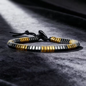 Hematite Stone Bracelet with Gold Spacers and Leather Cord - Image 12