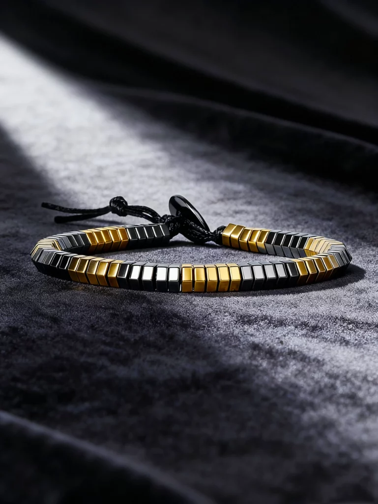 Hematite Stone Bracelet with Gold Spacers and Leather Cord