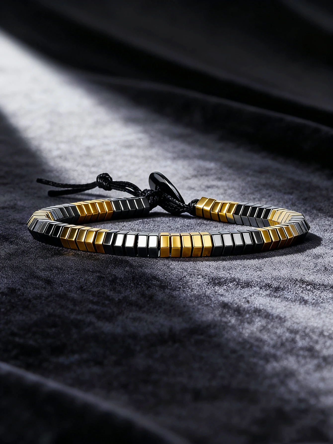 Hematite Stone Bracelet with Gold Spacers and Leather Cord - Image 12