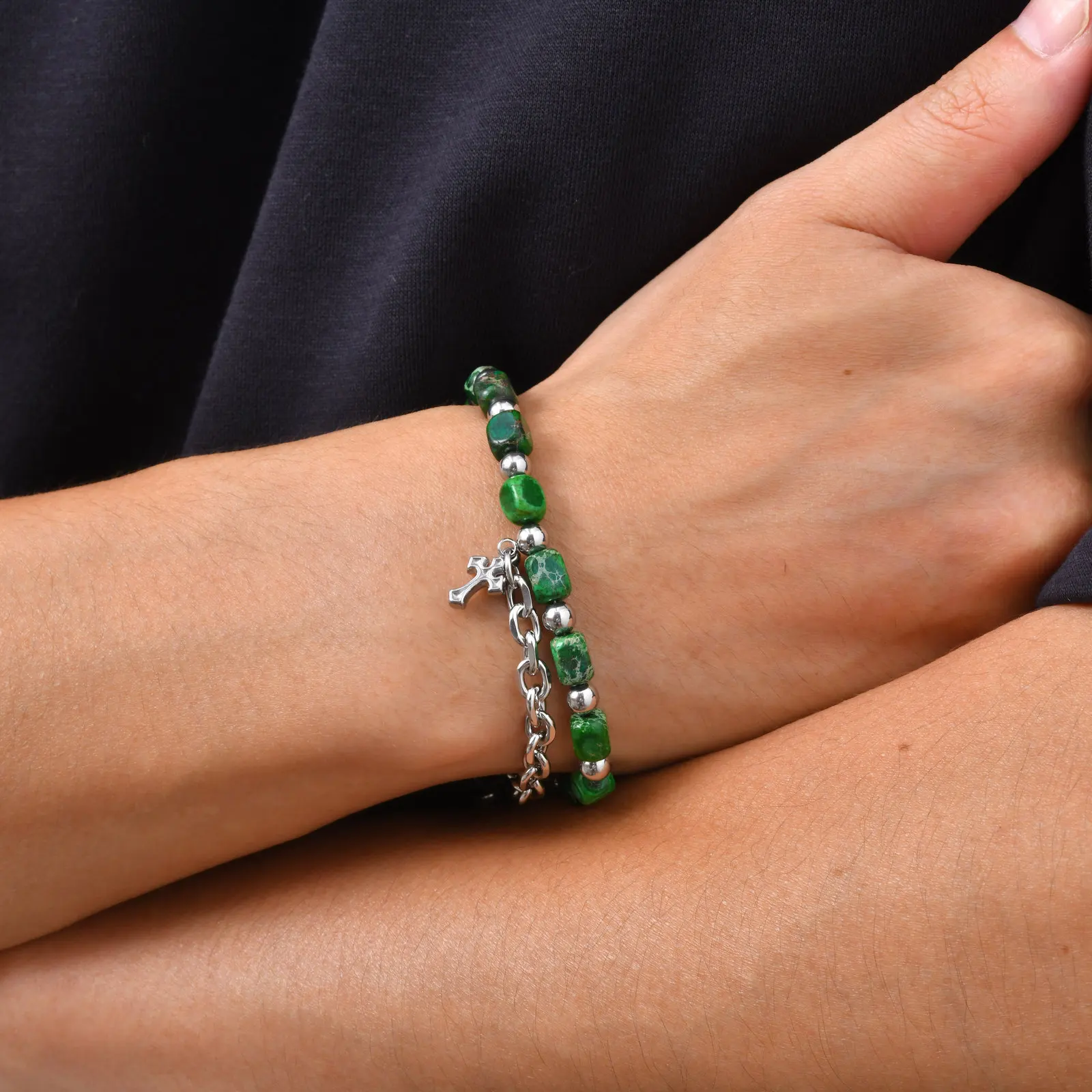 Hip Hop Men's Chain Bracelets with Green Stone Beads - Image 2