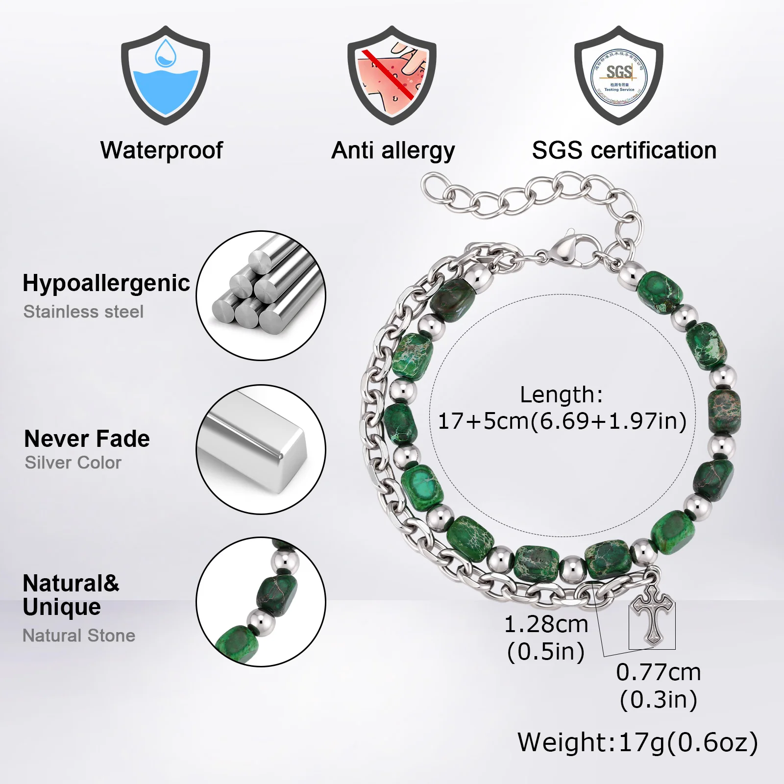 Hip Hop Men's Chain Bracelets with Green Stone Beads - Image 3