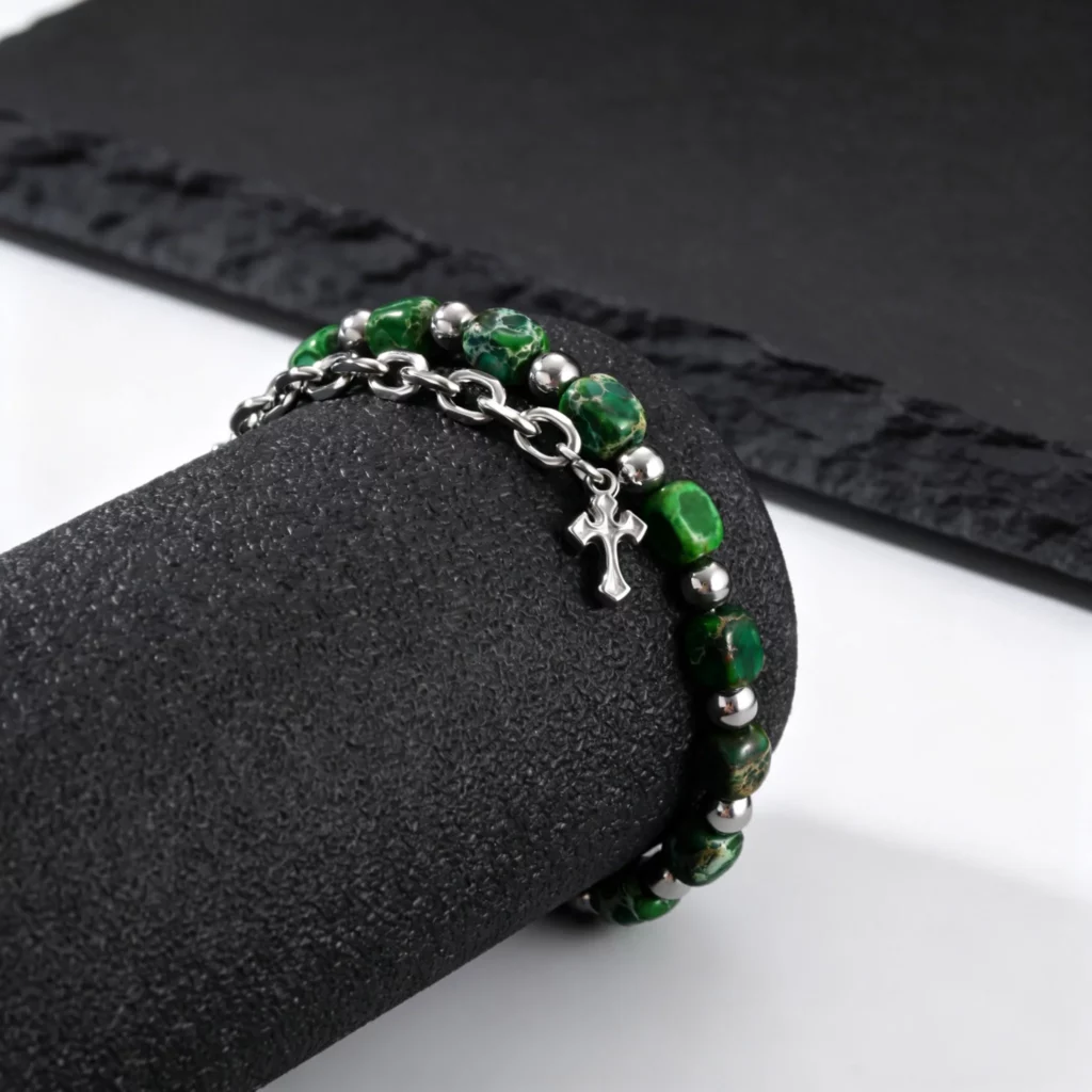 Hip Hop Men's Chain Bracelets with Green Stone Beads