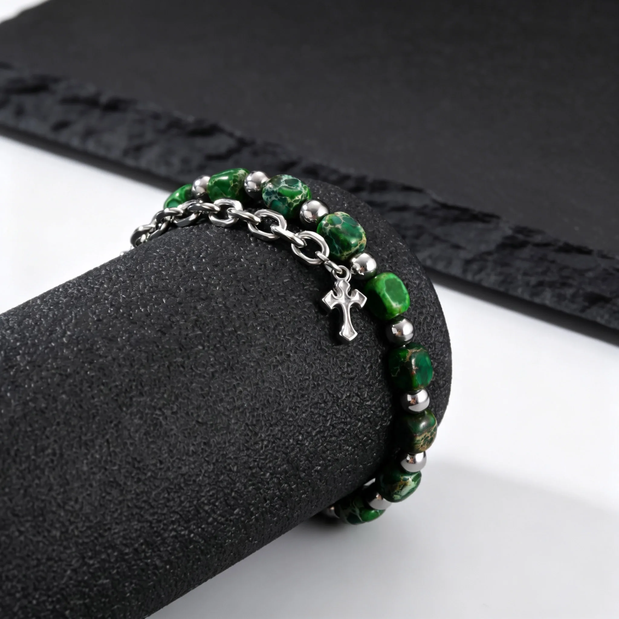 Hip Hop Men's Chain Bracelets with Green Stone Beads - Image 4