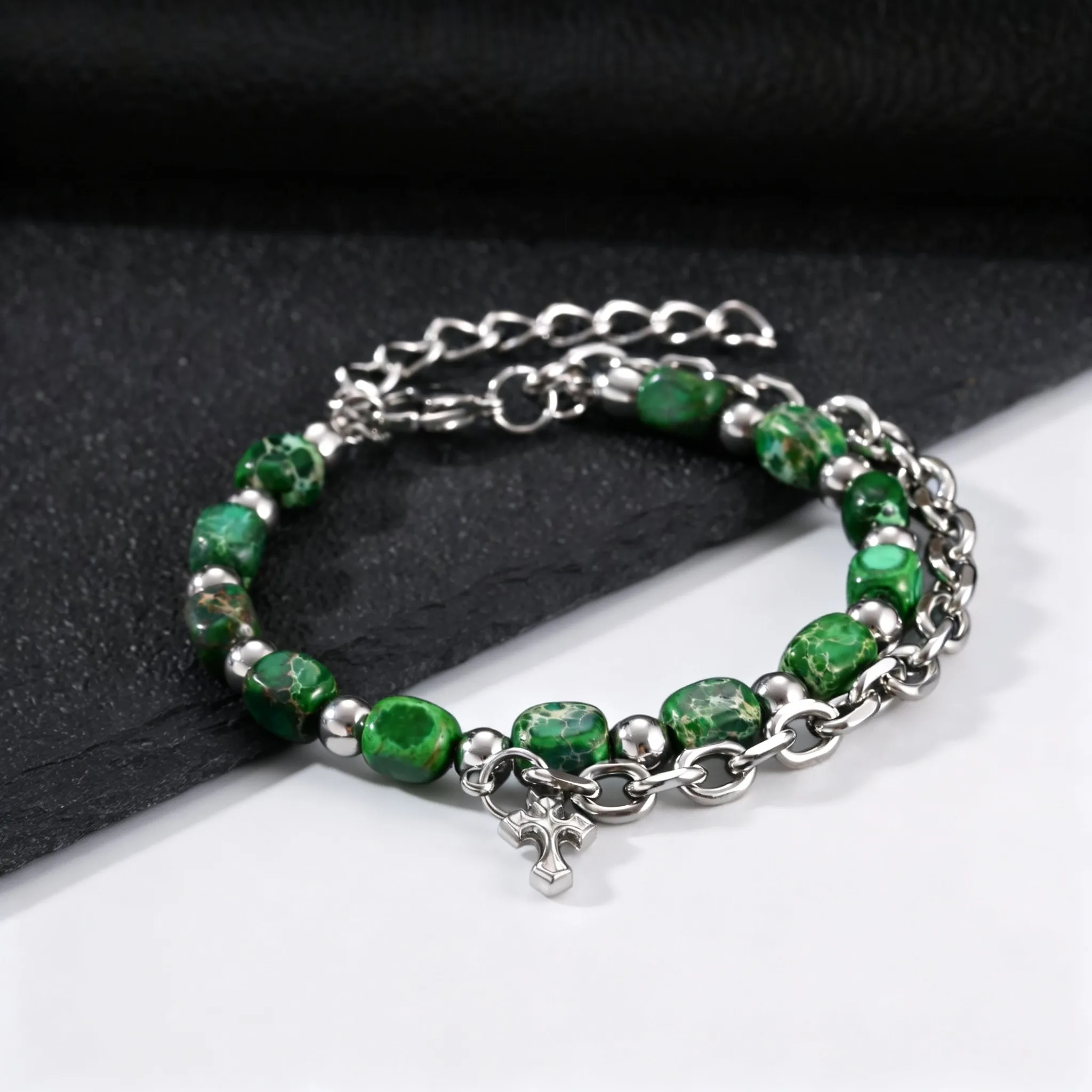 Hip Hop Men's Chain Bracelets with Green Stone Beads - Image 5