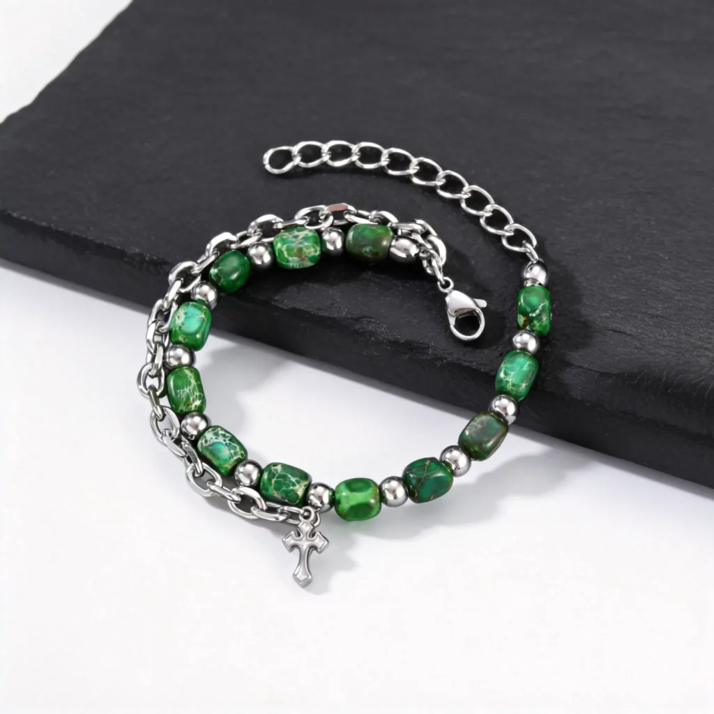 Hip Hop Men's Chain Bracelets with Green Stone Beads