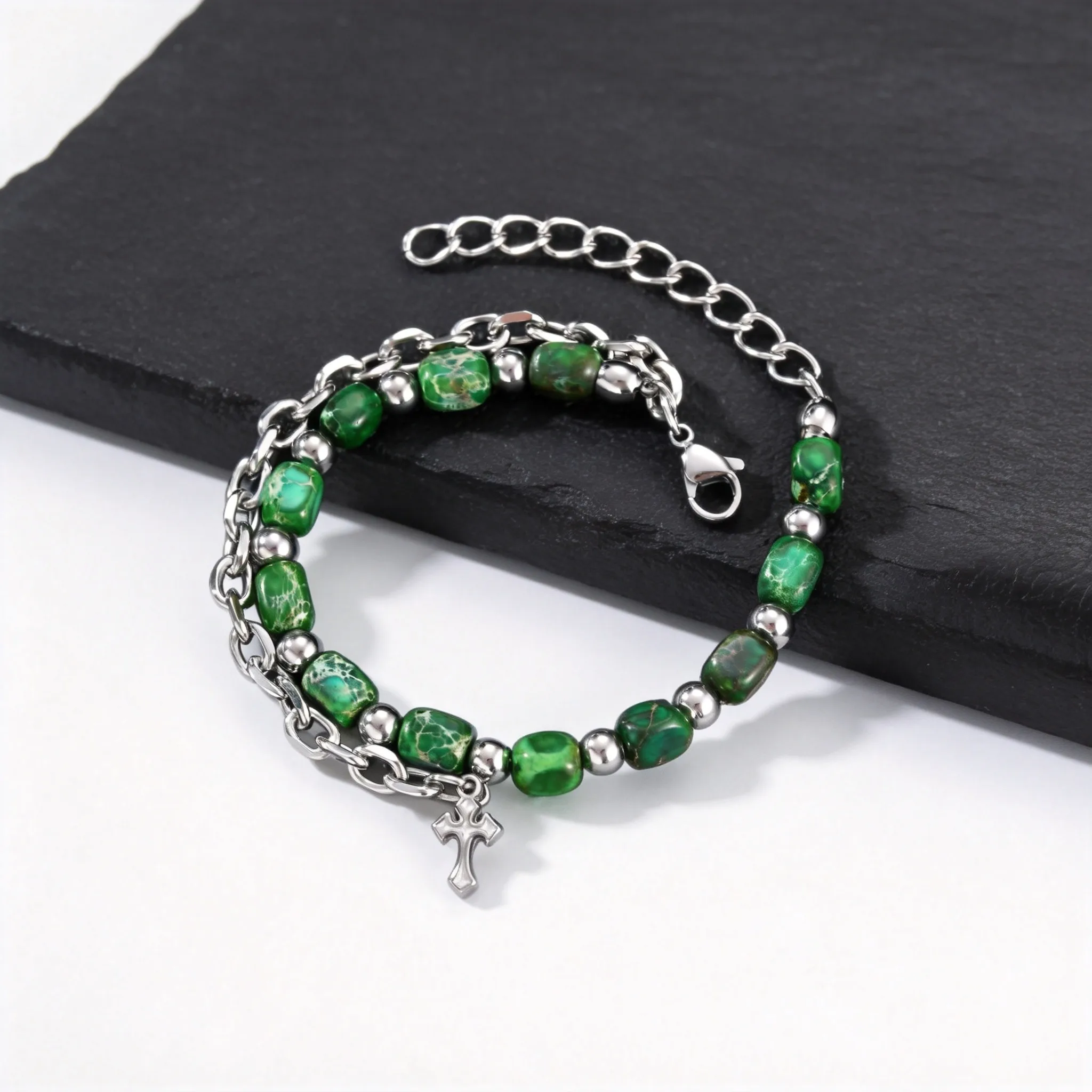 Hip Hop Men's Chain Bracelets with Green Stone Beads - Image 6
