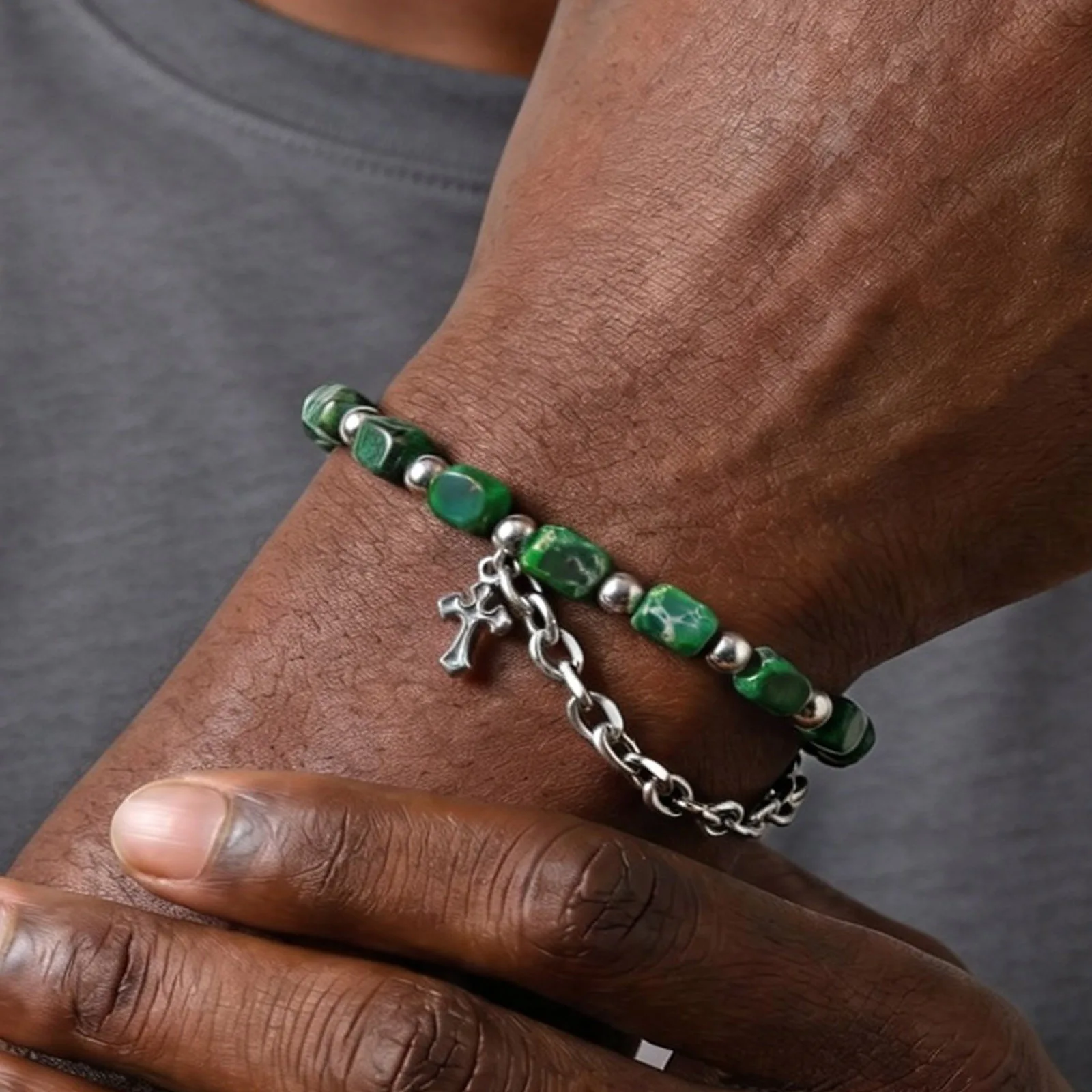 Hip Hop Men's Chain Bracelets with Green Stone Beads - Image 1