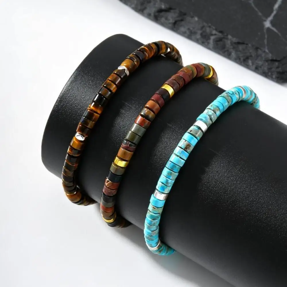 Natural Blue Beaded Bracelet for Men, Minimalist Handmade Stackable