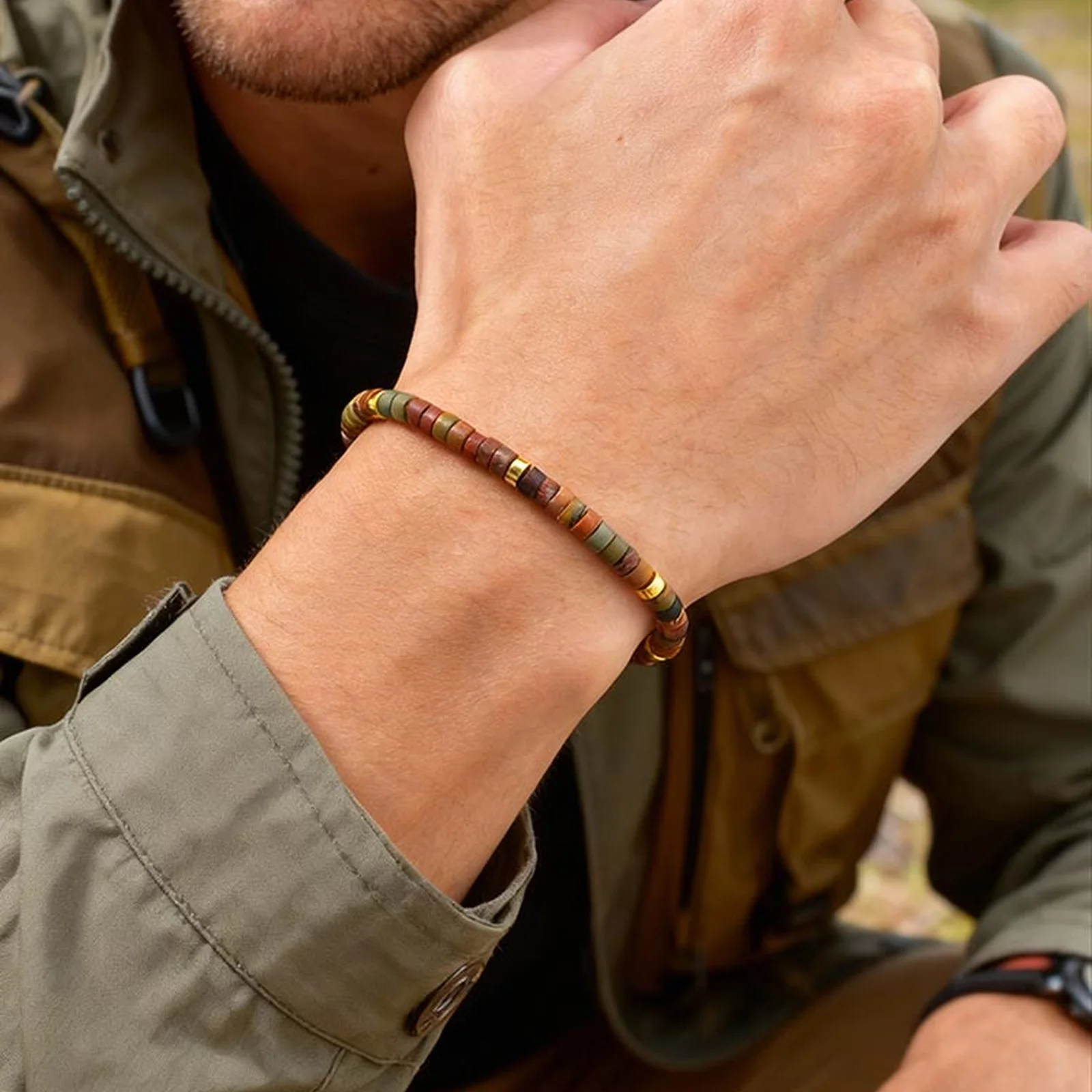 Natural Blue Beaded Bracelet for Men, Minimalist Handmade Stackable - Image 3