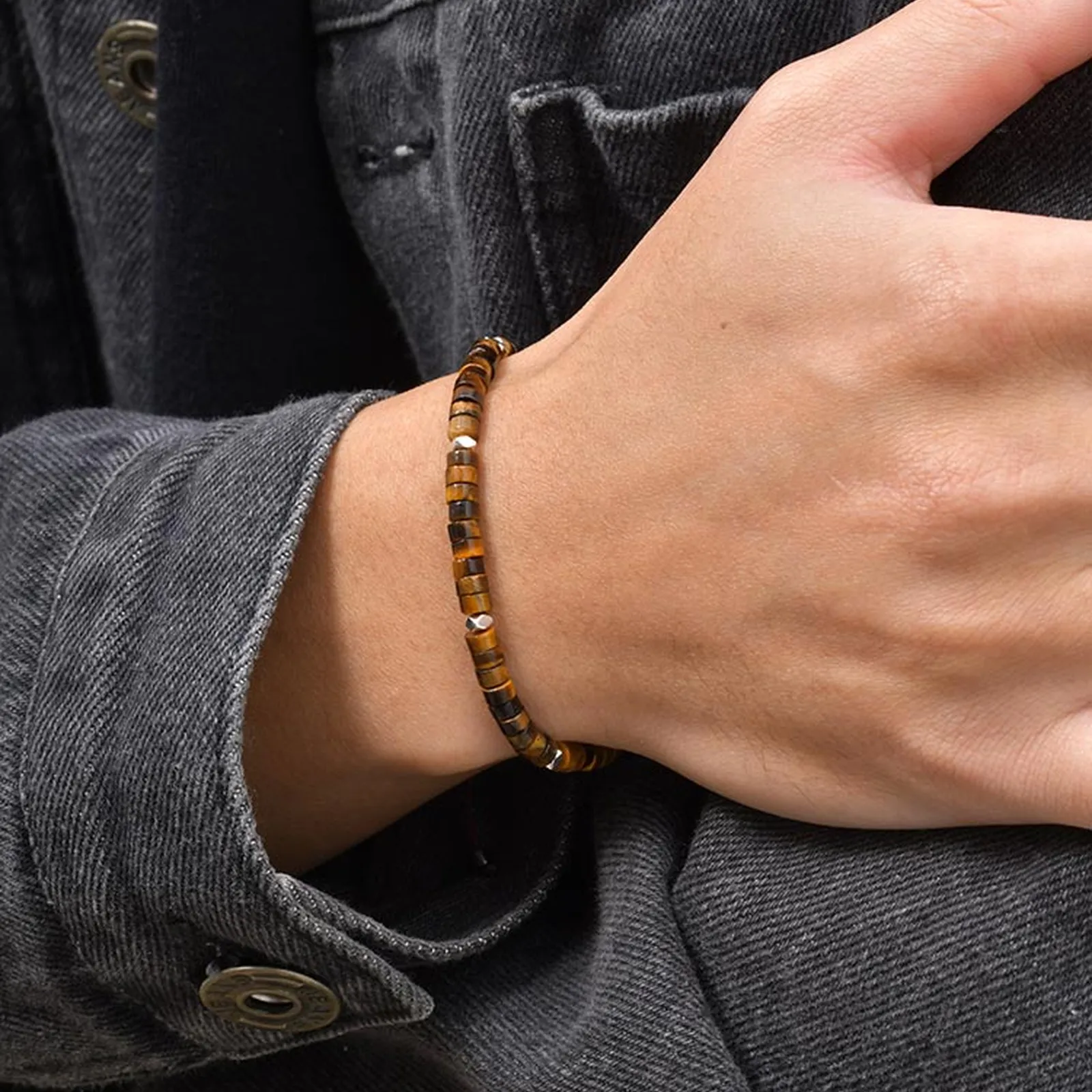 Natural Blue Beaded Bracelet for Men, Minimalist Handmade Stackable - Image 4