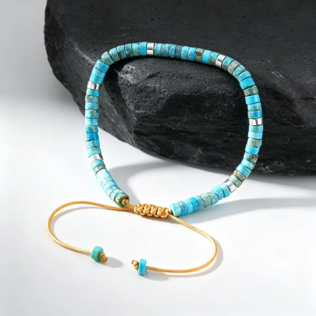 Natural Blue Beaded Bracelet for Men, Minimalist Handmade Stackable