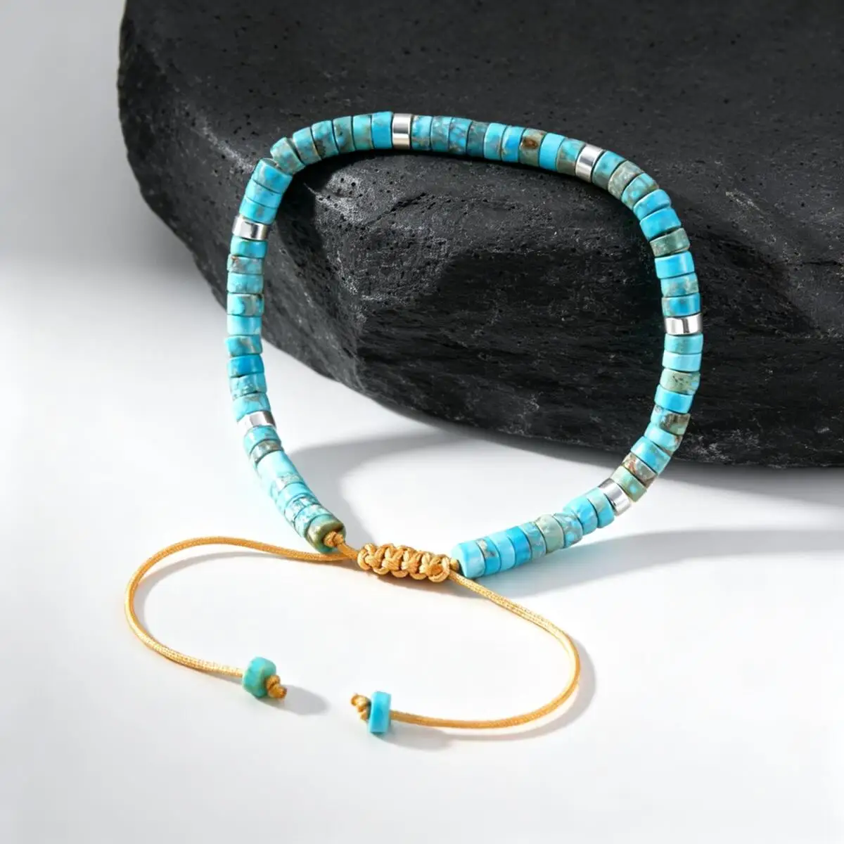 Natural Blue Beaded Bracelet for Men, Minimalist Handmade Stackable - Image 5
