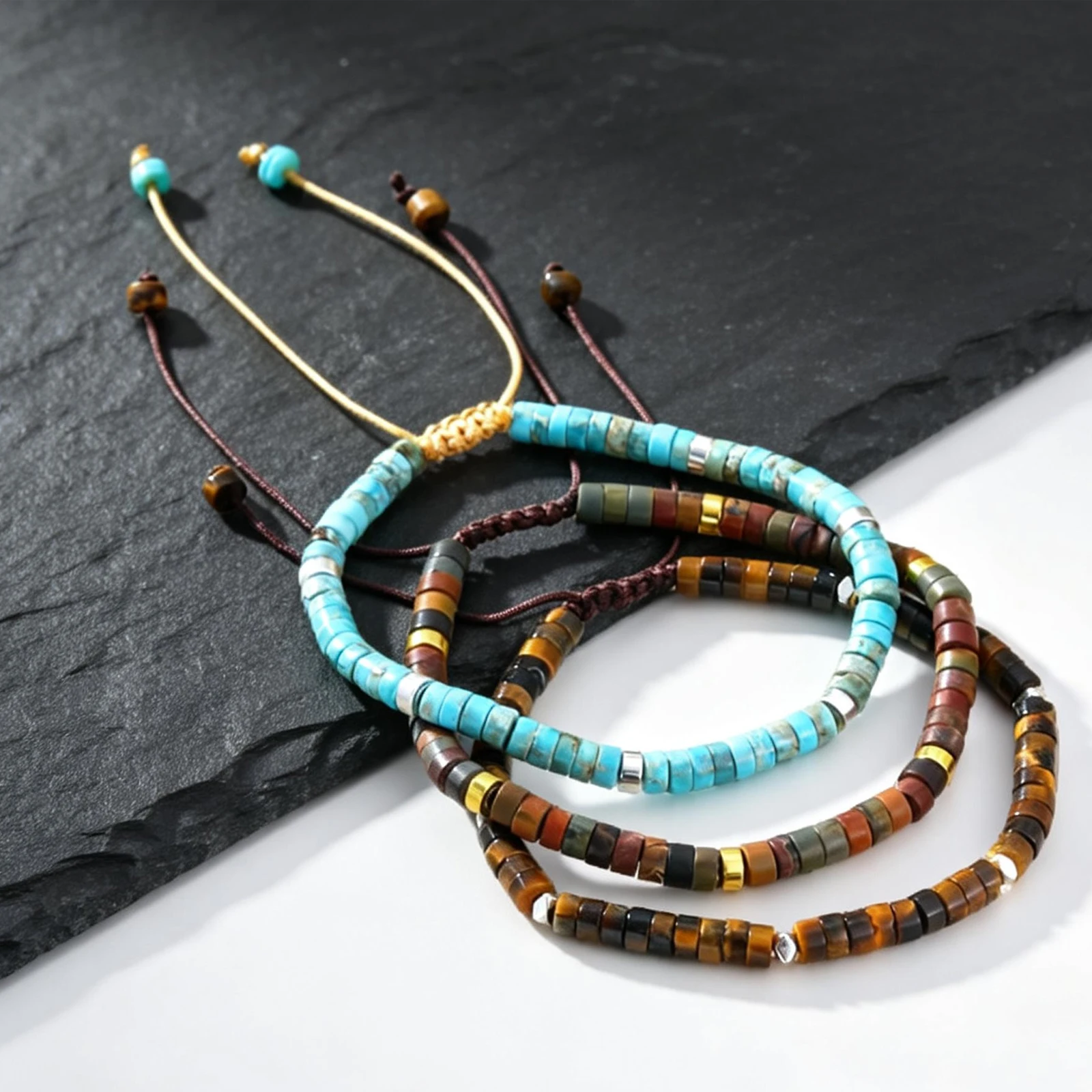 Natural Blue Beaded Bracelet for Men, Minimalist Handmade Stackable - Image 1
