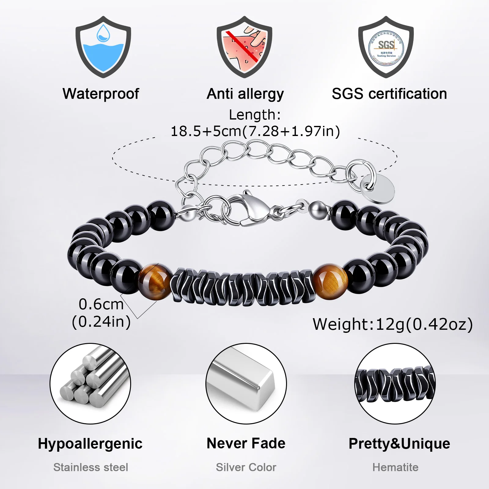 Natural Hematite and Black Onyx Beaded Bracelet for Men - Image 2