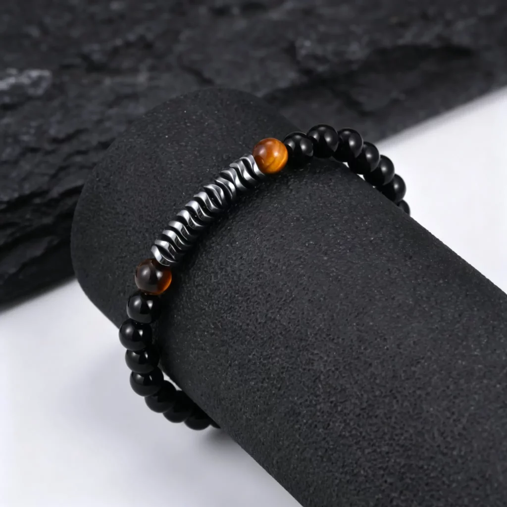 Natural Hematite and Black Onyx Beaded Bracelet for Men