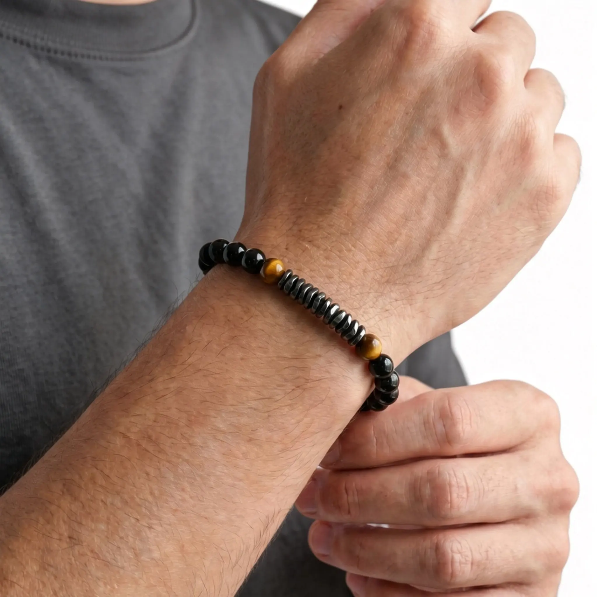 Natural Hematite and Black Onyx Beaded Bracelet for Men - Image 4