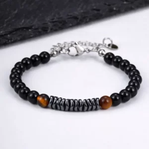 Natural Hematite and Black Onyx Beaded Bracelet for Men - Image 1