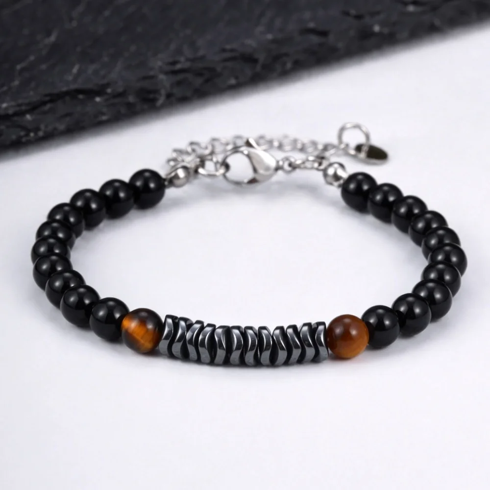 Natural Hematite and Black Onyx Beaded Bracelet for Men