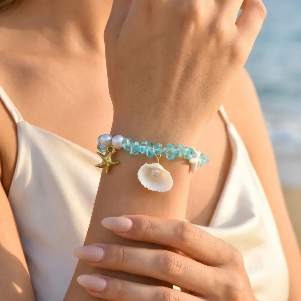 Crushed Stone Starfish Bracelet, Natural Sea Shell Jewelry