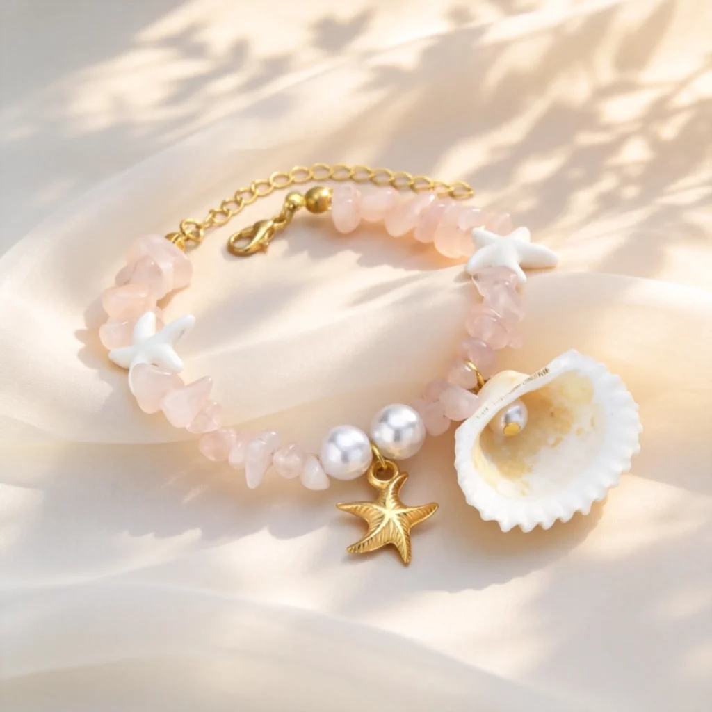 Crushed Stone Starfish Bracelet, Natural Sea Shell Jewelry