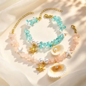 Crushed Stone Starfish Bracelet, Natural Sea Shell Jewelry - Image 1