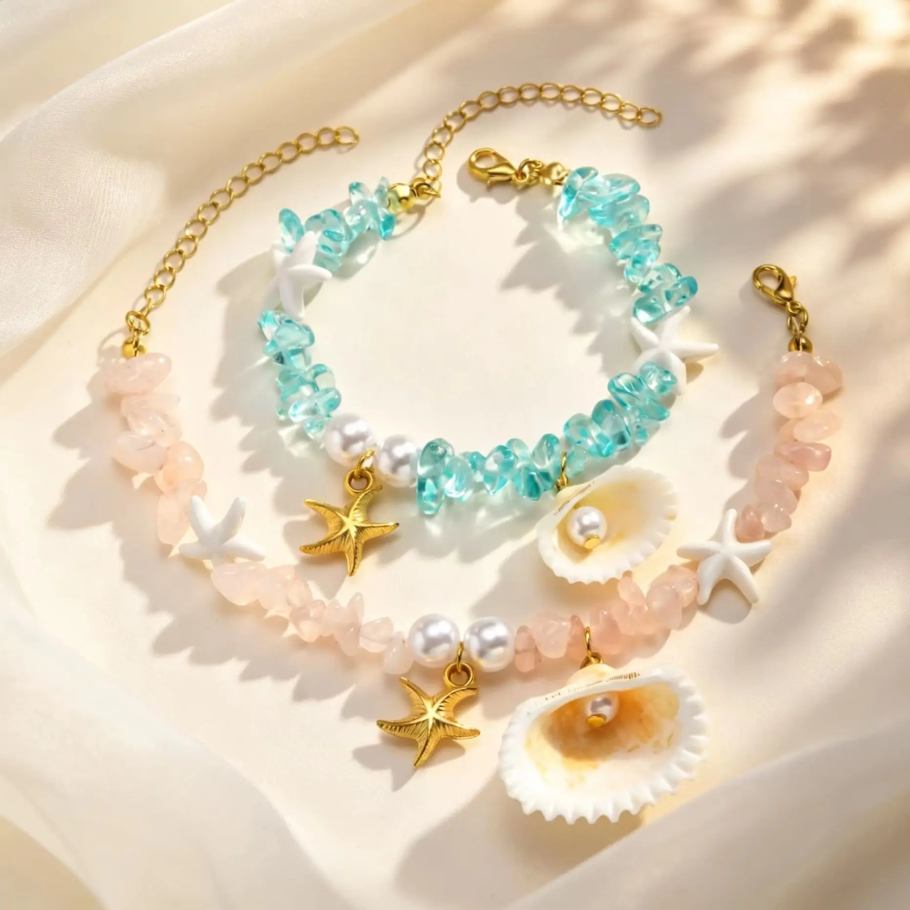 Crushed Stone Starfish Bracelet, Natural Sea Shell Jewelry - Image 1