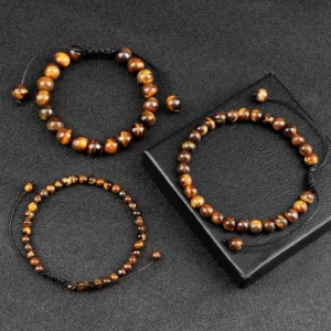 Natural Tiger Eye Stone Beaded Bracelet, Adjustable - Image 1