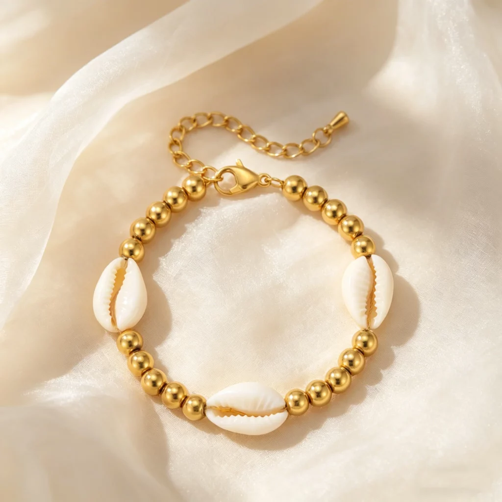 Boho Shell Bracelet with Steel BeadsEmbrace effortless coastal