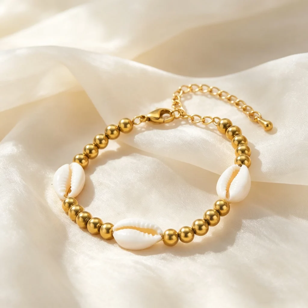 Boho Shell Bracelet with Steel BeadsEmbrace effortless coastal