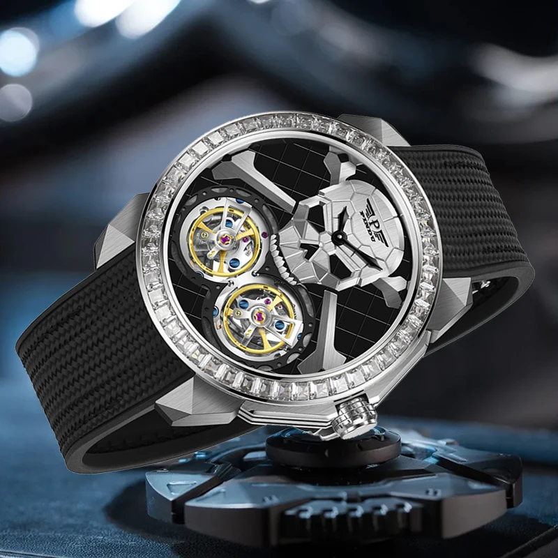 PINDU Skull Mechanical Watch, Automatic Double Flywheel