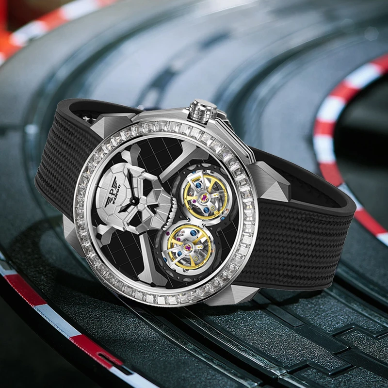 PINDU Skull Mechanical Watch, Automatic Double Flywheel