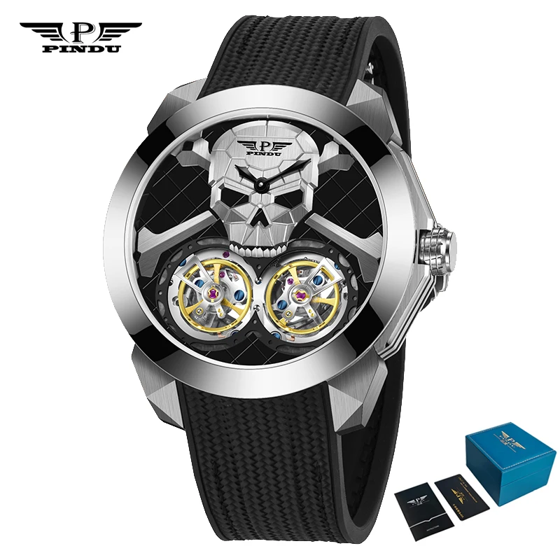PINDU Skull Mechanical Watch, Automatic Double Flywheel