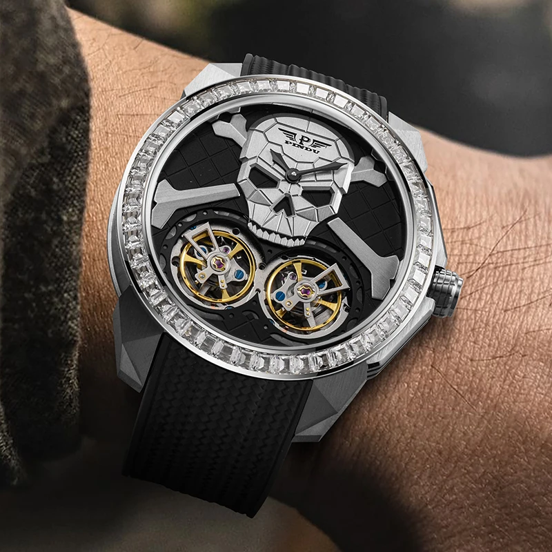 PINDU Skull Mechanical Watch, Automatic Double Flywheel
