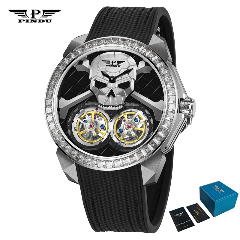 PINDU Skull Mechanical Watch, Automatic Double Flywheel