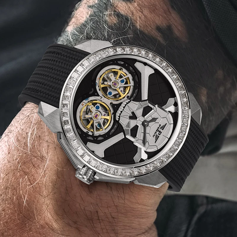 PINDU Skull Mechanical Watch, Automatic Double Flywheel
