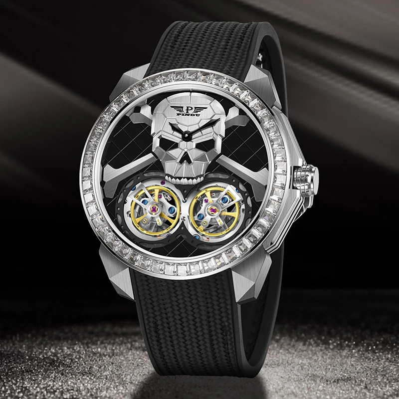 PINDU Skull Mechanical Watch, Automatic Double Flywheel