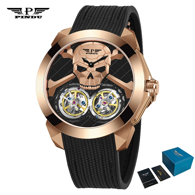 PINDU Skull Mechanical Watch, Automatic Double Flywheel