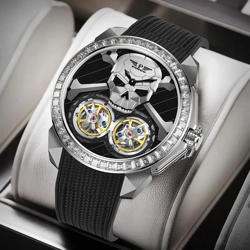 PINDU Skull Mechanical Watch, Automatic Double Flywheel