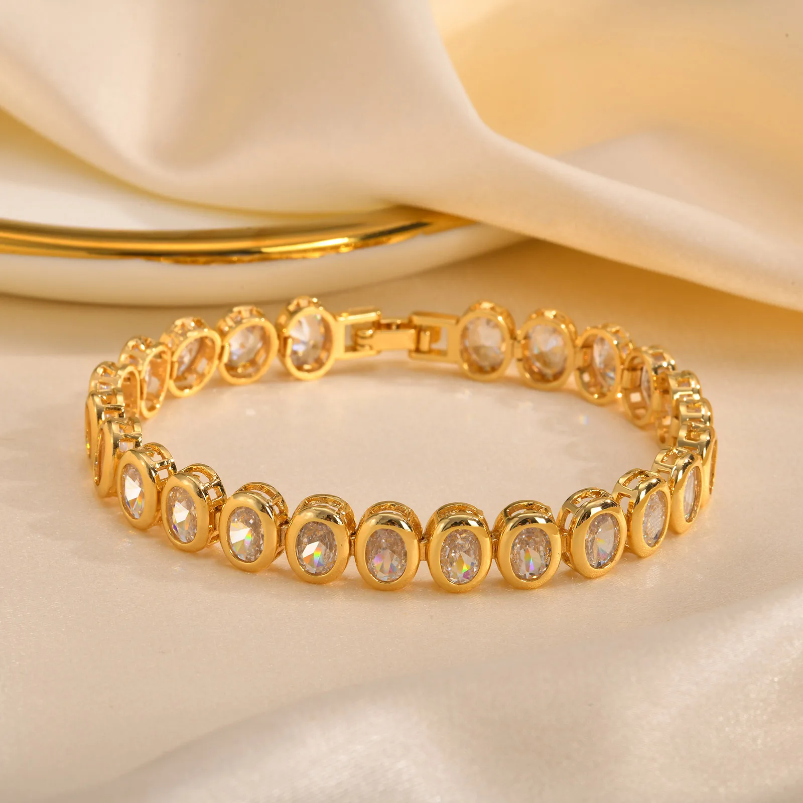 Gold Plated Paperclip Chain Bracelet with Cubic Zirconia - Image 1