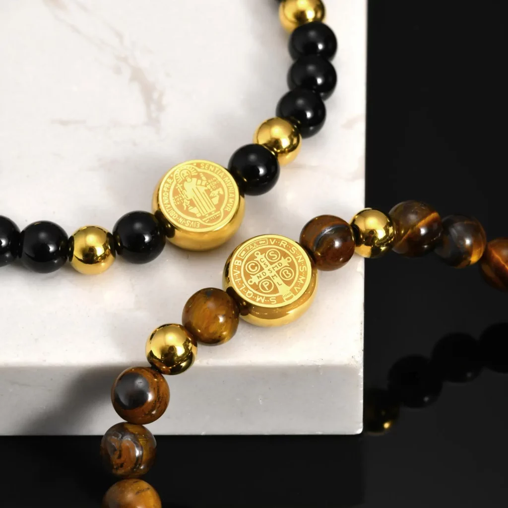 Saint Benedict Gold Stainless Steel Beaded Bracelet