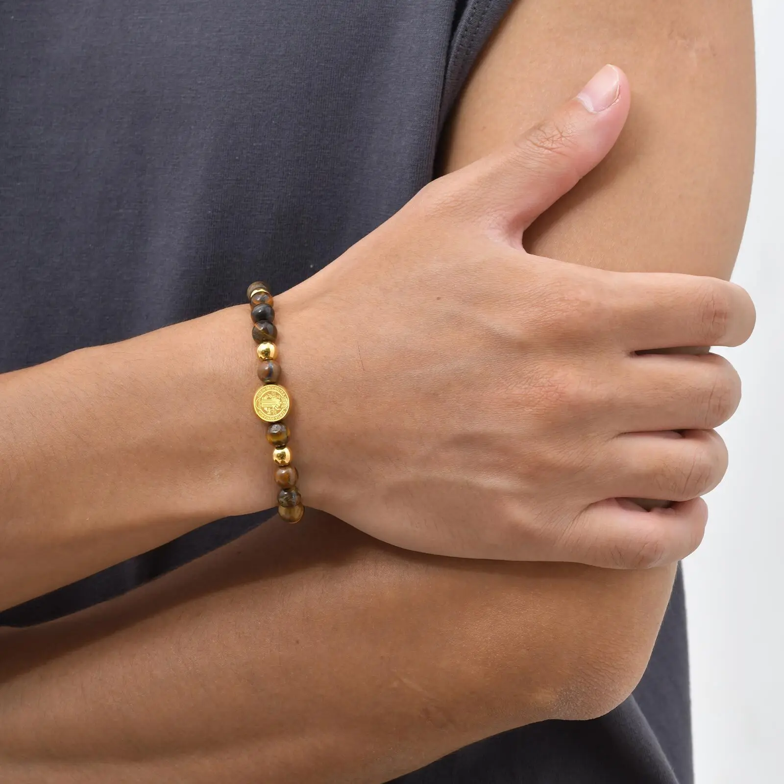 Saint Benedict Gold Stainless Steel Beaded Bracelet - Image 3