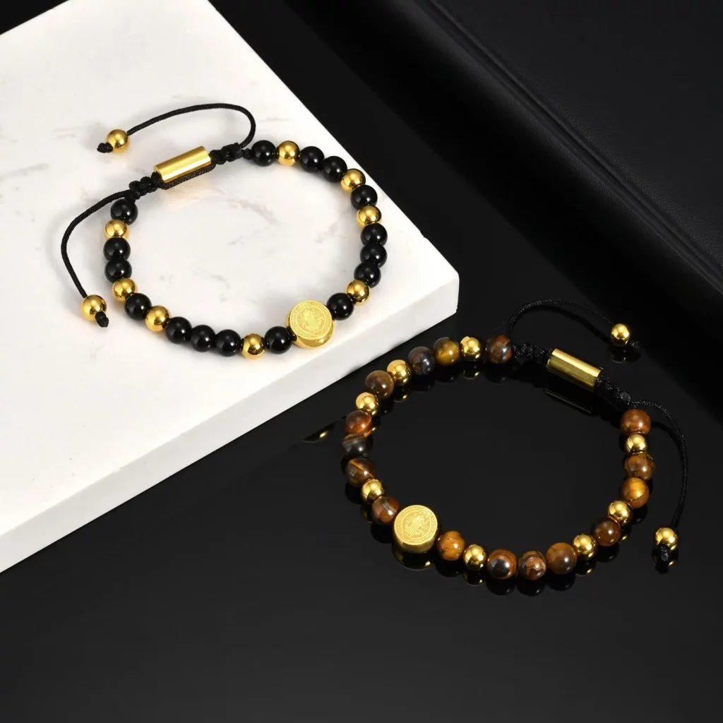 Saint Benedict Gold Stainless Steel Beaded Bracelet