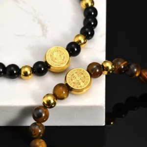 Saint Benedict Gold Stainless Steel Beaded Bracelet - Image 1