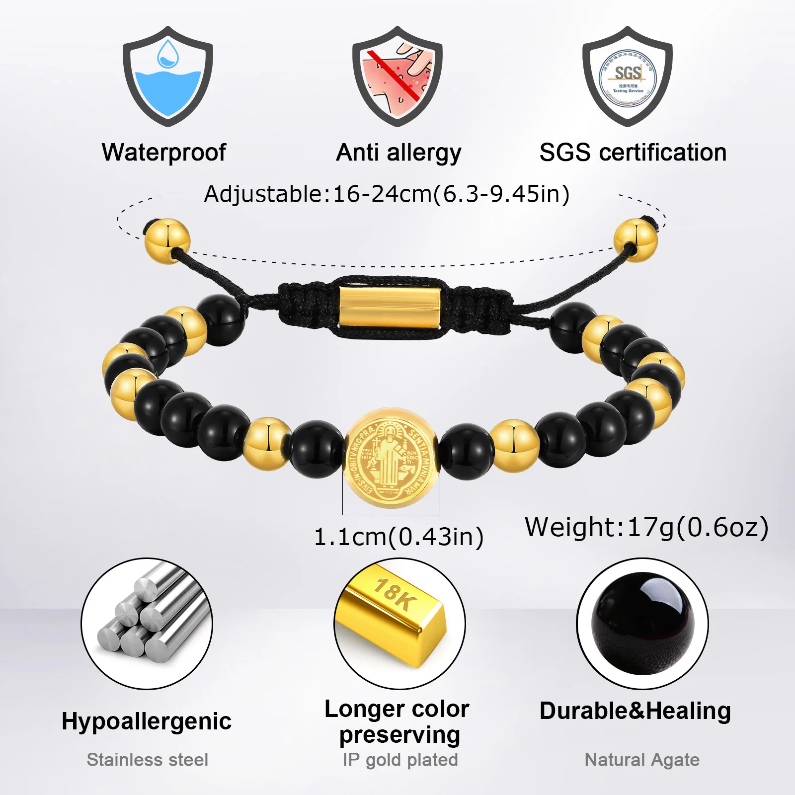 Saint Benedict Gold Stainless Steel Beaded Bracelet - Image 5