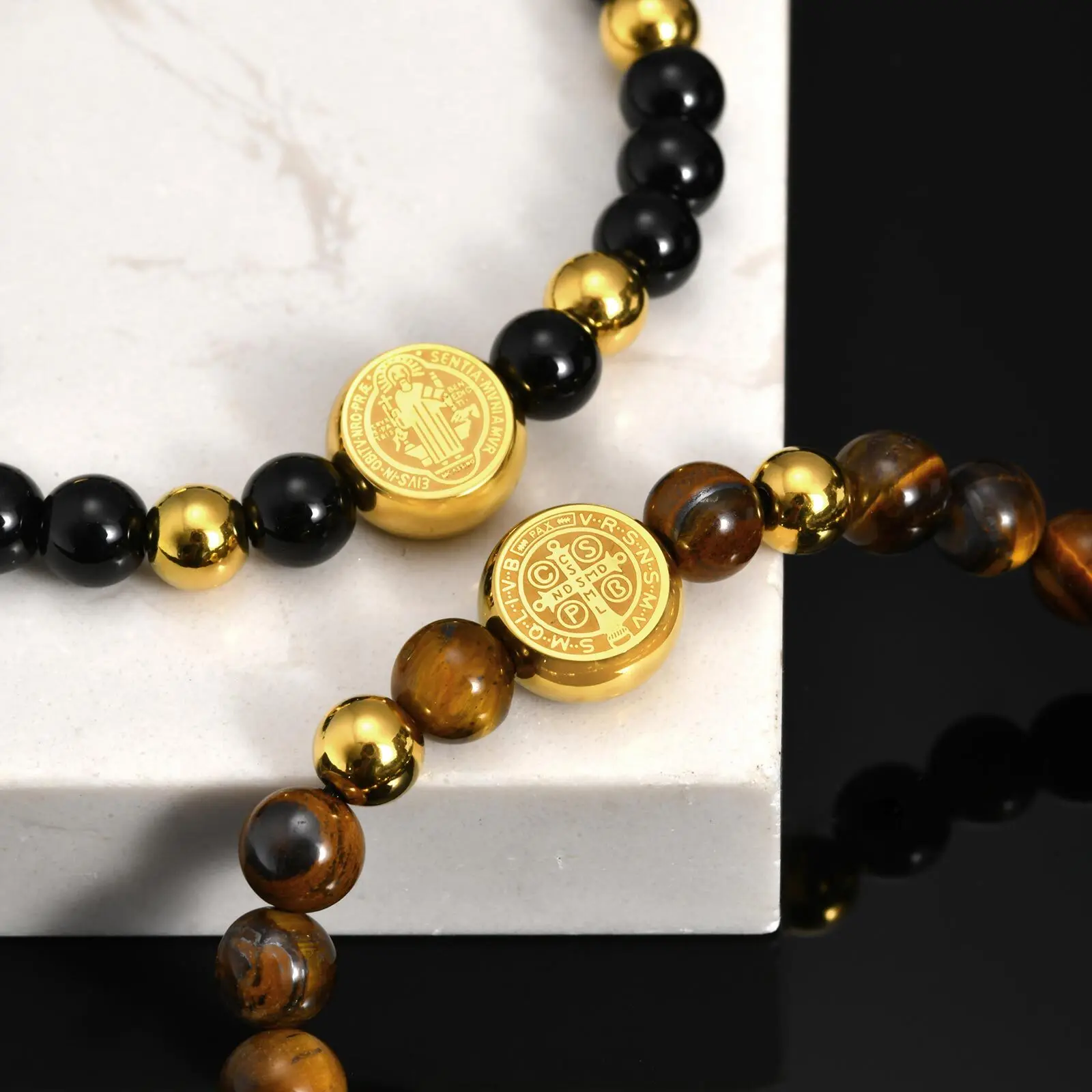 Saint Benedict Gold Stainless Steel Beaded Bracelet - Image 1
