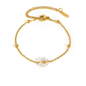Stainless Steel Pearl Flower Bracelet, Gold Plated - Image 2